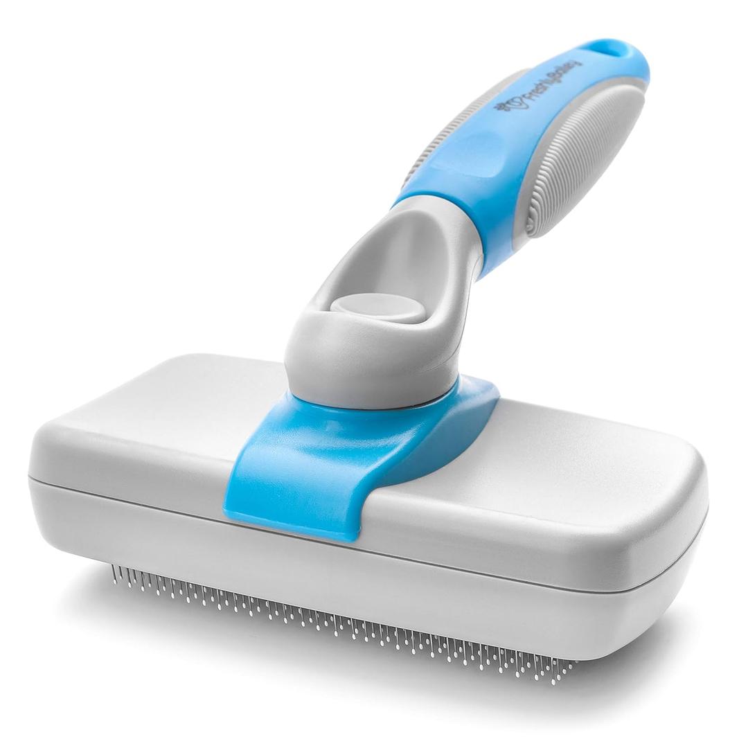 Self Cleaning Slicker Brush for Dogs and Cats - Hair Brush for Medium to Long-haired Pets - Effective, Comfortable, and Easy to Clean - White and Blue (1 Count (Pack of 1))