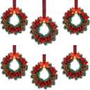 Zeyune 6 Pcs Small Christmas Wreaths for Kitchen Cabinets with Plaid Bow Ribbon Hanging Mini Christmas Cabinet Door Wreaths Decor for Kitchen Window Outdoor Indoor Holiday, 14.96 x 7.87''