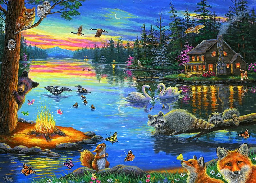 300 Piece Puzzles for Adults Large Piece - Jigsaw Puzzles for Kids Seniors - Lakeside Evening Licensed by Bridget Voth