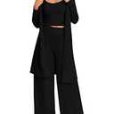 PRETTYGARDEN Women's Fall 3 Piece Pajamas Lounge Sets Ribbed Knit Long Cardigan Cropped Tank Tops Wide Leg Pants (Black, Large)