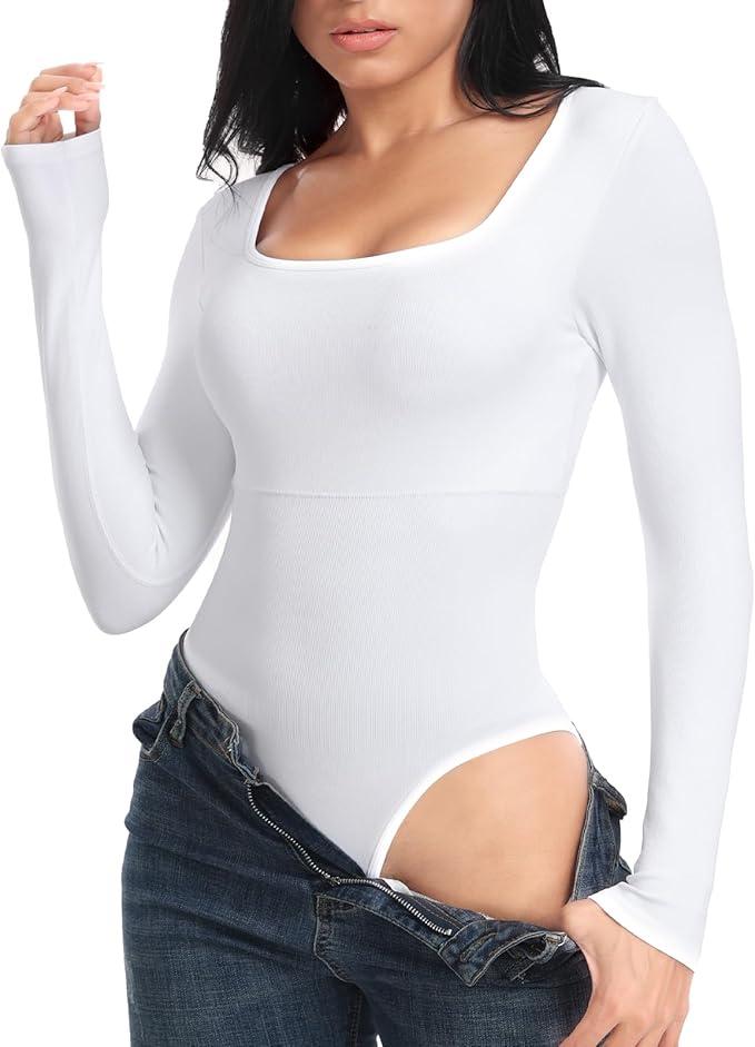 MANGOPOP 
Long Sleeve Bodysuit for Women Square Neck Stretchy Body Suit
 Large