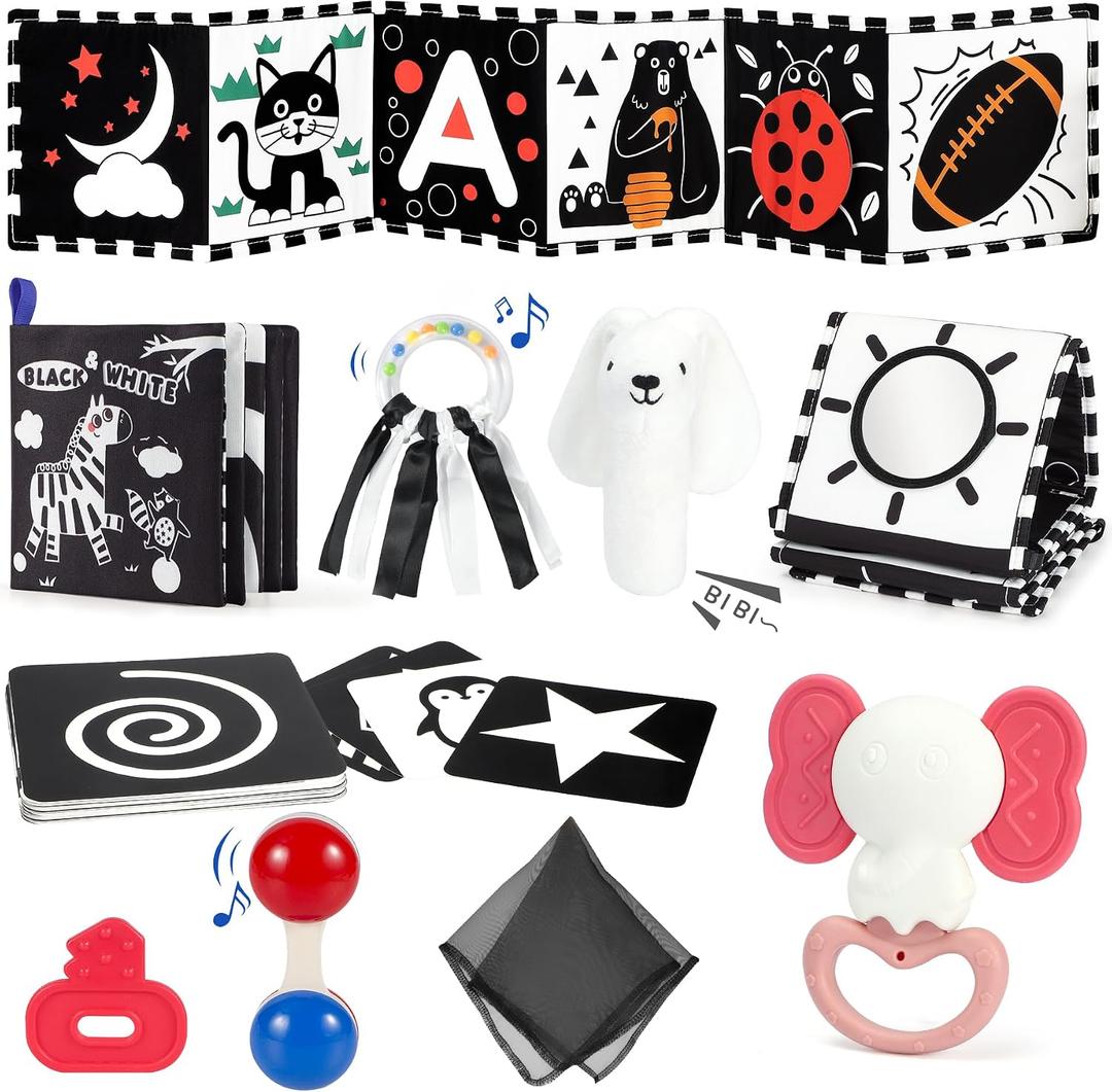 URMYWO 10 Pcs High Contrast Black and White Baby Toys for Newborn, Tummy Time Mirror, Rattle, Teether, Visual Stimulation Learning Cards, Sensory Toys for 0-6 Months, Baby Boy Girl Gift