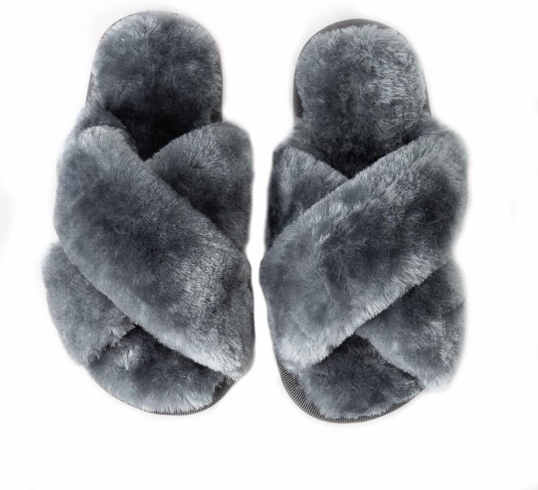 Enteer Girls Fluffy Slippers Memory Foam Soft Plush Cross Band House Shoes Indoor Outdoor Slip On (Gray)