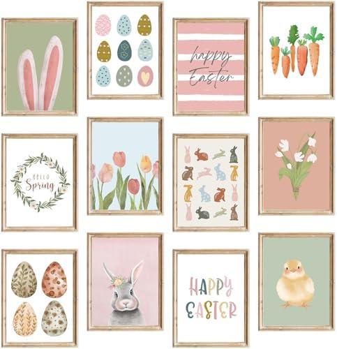 FYSUIMU 12Pcs Easter Wall Art Prints Boho Bunny Egg Rabbit Carrot Chick Art Poster Pastel Spring Wall Decor for Gallery Living Room Bedroom (Unframed, 8 x 10 Inch)