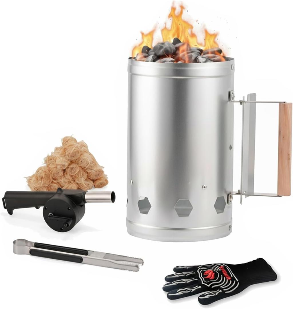 WILLBBQ Charcoal Chimney Starter Great for Fireplace, BBQ, Fire Pits, Barbecues, Chimineas, Campfires, Pizza Ovens - Zinc Steel BBQ Kit, 20 Starters, Heat Resistant Gloves Blower(Bright Silver)