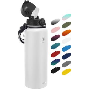 Fanhaw 40 oz Insulated Stainless Steel Water Bottle with Straw Lid, Leakproof Extra-Large Sports Bottle for Men & Women (White)