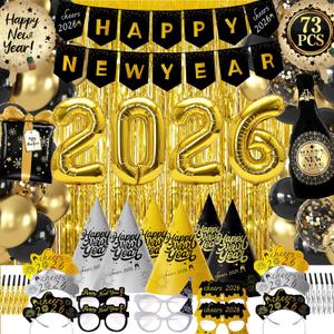 New Years Eve Party Supplies 2026-73 PCS Happy New Years Decorations-Party Favors Includes Hats, Banner, Glasses, Tiaras, Squawkers Blowers, Balloons, Fringe Curtain Accessories Nye Decorations 2026
