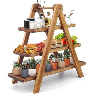 Manspdier Wood 3 Tier Serving Tray Three Tiered Cupcake Stand, Rectangle Serving Platter Wooden Farmhouse Tiered Tray, Party Serving Brown Decorative Tray Decor