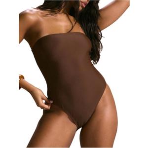 WDIRARA Women's One Piece Swimsuit Strapless Bandeau Bathing Suits Tummy Control Swimwear (Brown, S)