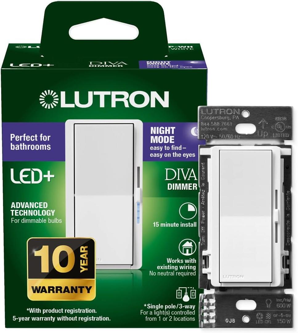 Lutron Diva LED+ Dimmer Switch with Night Mode for Bathrooms, Paddle Dimmer Switch for Dimmable LED Bulbs, UL Listed, Single-Pole/3-Way, No Neutral Wire Required, White (DVCLN-153PG-WH)