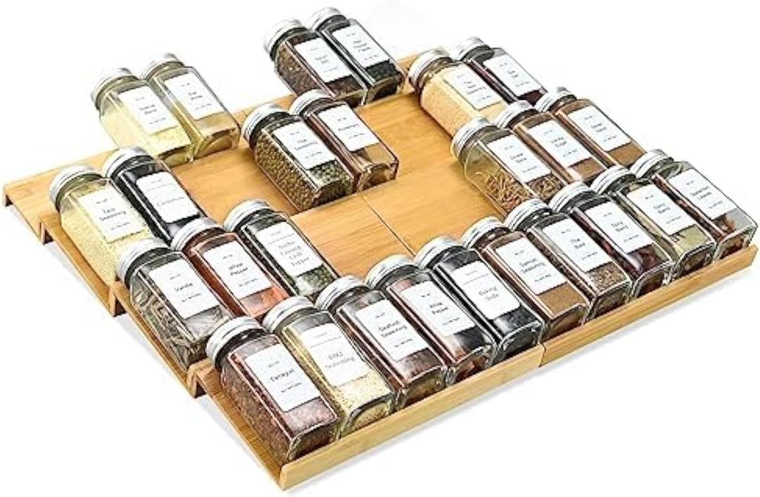 Spice Drawer Organzier,4 Tiers- 8Pcs Bamboo Spice Rack Tray Insert for Cabinet Drawer Countertop, Kitchen Seasoning Storage Drawer Organization,18" Wide x 15.8" Deep Hold UP To 40 Jars