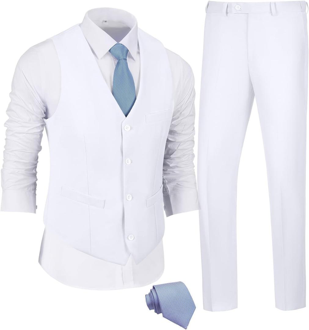 JPF Men's 2 Piece Slim Fit Suit Set, Solid Vest and Pants Suit for Men with Tie (XX-Large, White)