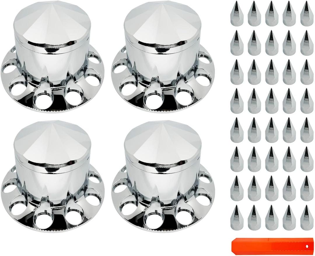 Semi Truck 4 Rear Axle Cover Lug Nut Covers Wheel Covers Kit with 32/33mm Thread-on Lug Nut Covers, 10 Hole Removable CapsABS Plastic Chrome Plated (Installation Tool Included)