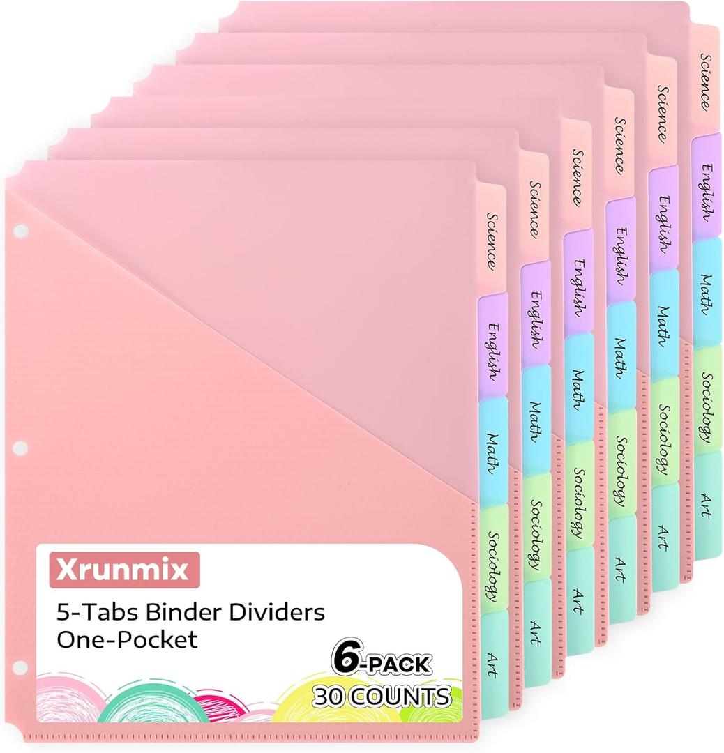 5 Tabs Dividers with One Pockets for 3 Ring Binder, 5 Counts Binder Dividers for US Letter Size, Binder Dividers with Tabs for School Office and Home Organization, 5 Pastel Color (6)