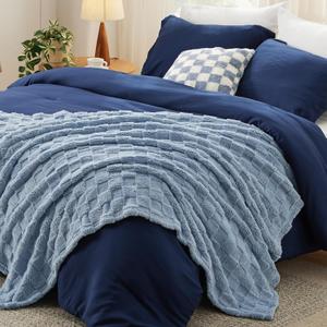 Bedsure Full Comforter Set 5 Pieces - Bed in a Bag with Checkered Throw Blanket and Decorative Pillow, Lightweight Bedding Comforter Sets, All Season Boho Bedding, Navy Blue (04 - Navy Plaid)