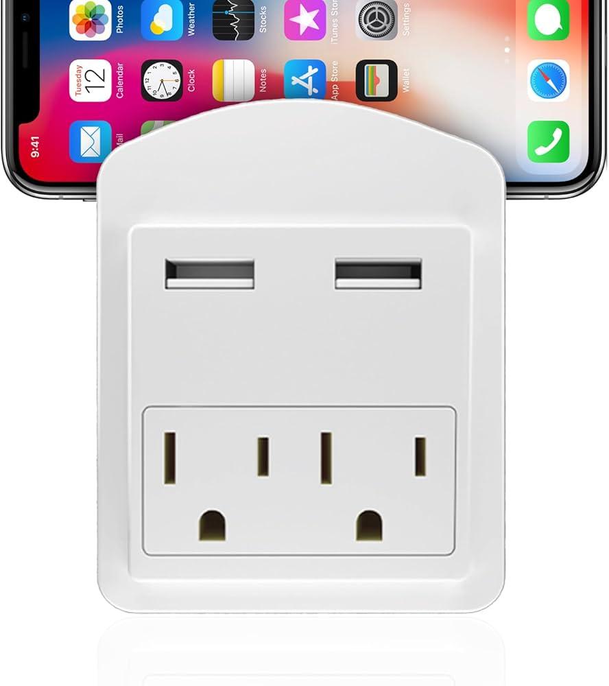 PHOTIVEN Compact Multi Outlet Wall Plug, 2 AC Outlets & 2 Fast USB Charging Ports