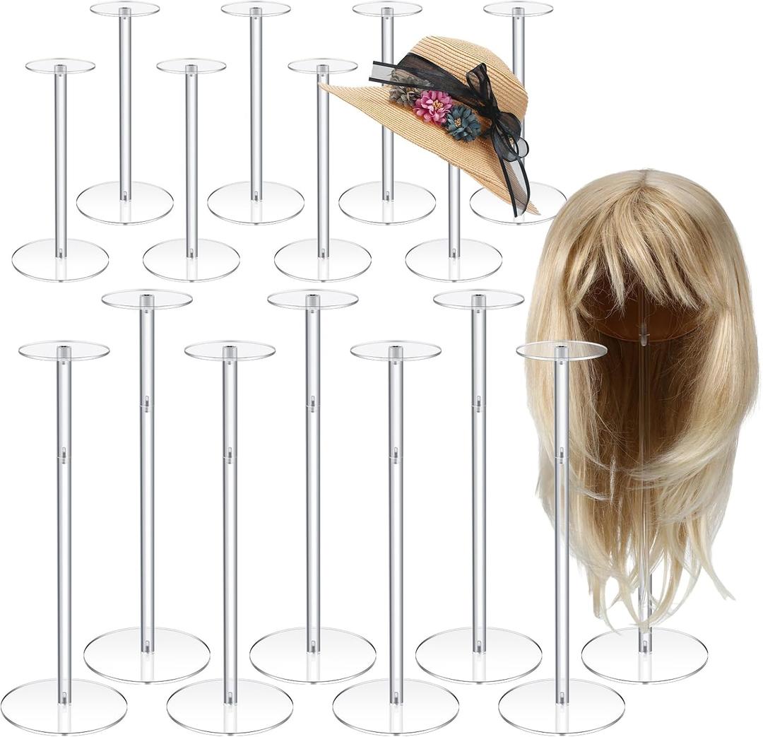 16 Pcs Acrylic Hat Stand 12" to 17" Adjustable Clear Wig Display Rack Nonslip Round Barbell Base Hat Rack Decorative Hat Holder Wig Stand Holder for Hats Watch Jewelry Storage Table (Thicker)