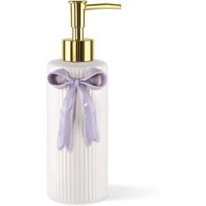 Handmade Ceramic Bow Soap Pump Dispenser Hand Lotion Liquid Dispenser Refillable for Kitchen and Bathroom Decorative (Ribbon Lavender)