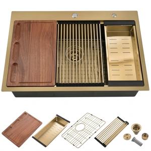 27 Inch Gold Kitchen Sink Drop In Workstation-iAnomla 27 x 22 Drop In Kitchen Sink Workstation Sinks 16 Gauge Stainless Steel Brushed Gold Topmount Sinks Deep Single Bowl with Cutting Board