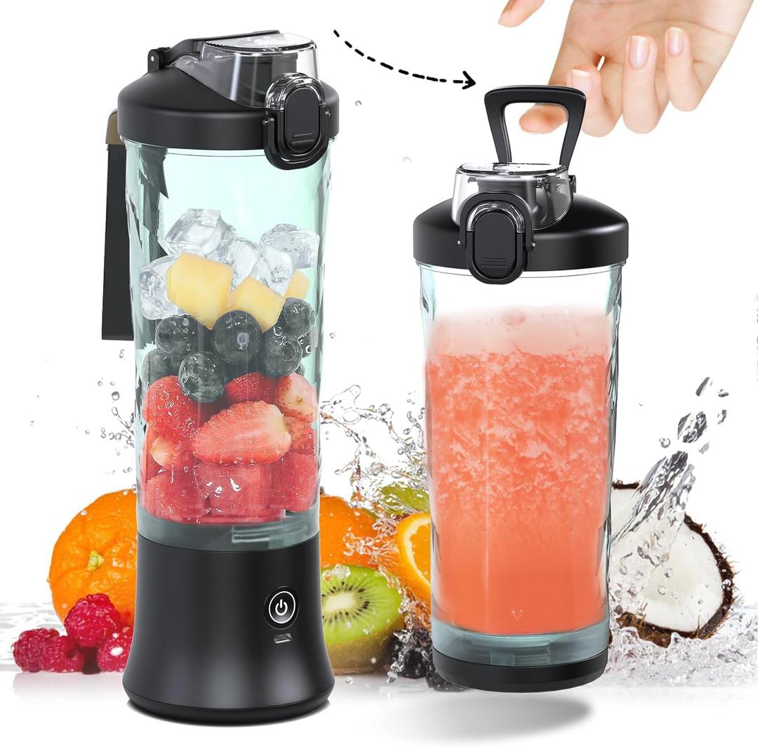 DENOKIN Portable Blender 20oz Vessel, Shakes and Smoothies Cordless Personal Size Blend Cup with 6 Blade and a Travel Lid (Elegant Black)