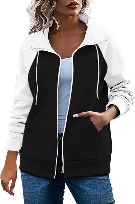 Women's Color Block Full-Zip Hooded Sweatshirt Plus Size Drawstring Pockets Sweatshirt Casual Cotton Loose Outwear LARGE