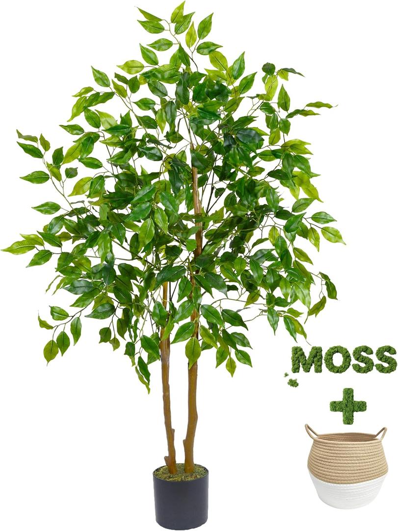 Artificial Ficus Tree 4ft Faux Floor Plant with Woven Basket