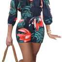 Sexy Two Piece Shorts Set - African Floral Jumpsuits Rompers Vacation Club Outfit (Navy Blue) XL 