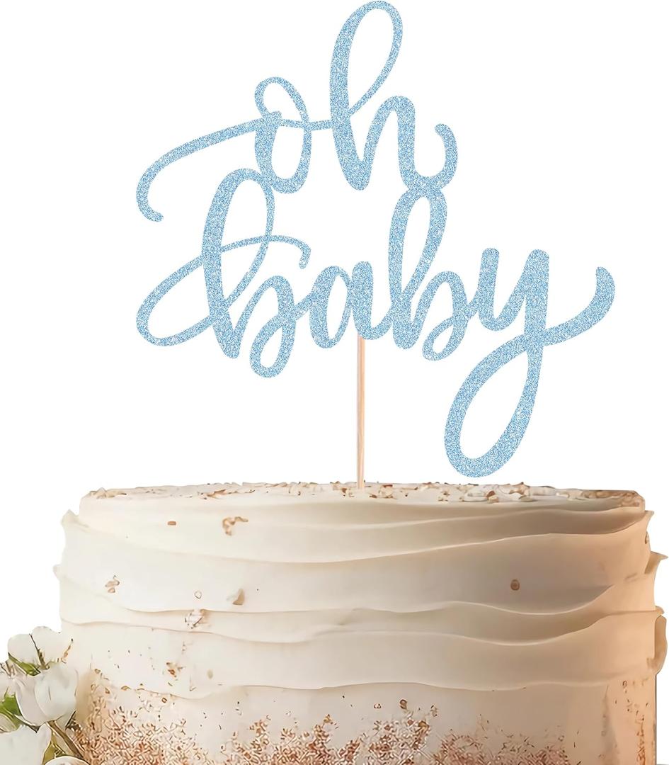 Oh Baby Cake Topper - Light Blue Glitter Baby Shower Cake Decorating Supplies for Boys or Girls, Baby Shower Cake Topper for Gender Reveal Baby Birthday Party Photo Booth Props