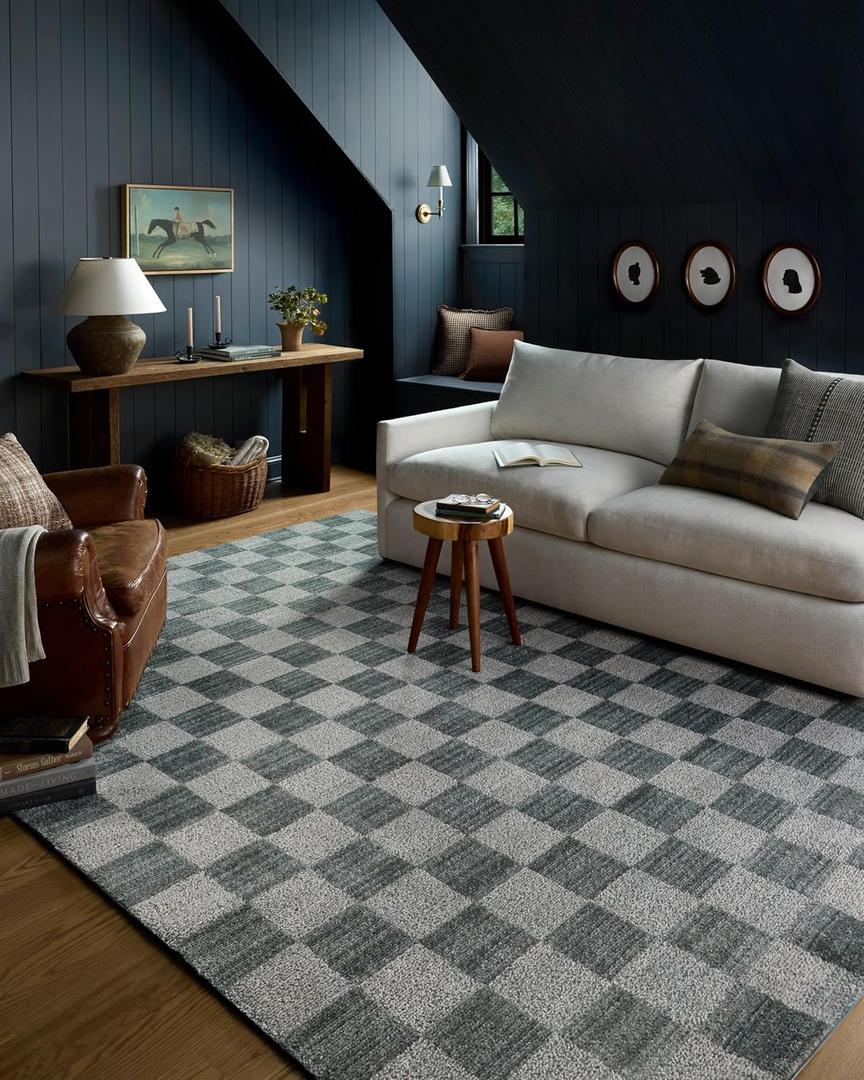 Loloi Chris Loves Julia Calvin Collection CLV-01 Blue/Ivory 7'-10" x 10' Area Rug Checkered Neutral Soft Living Room Bedroom Carpet