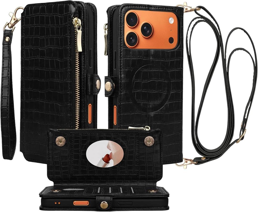 Crossbody Wallet Case for iPhone 17 Pro Max with Mirror, Wrist Strap, Zipper Purse Magnetic Flip, RFID Blocking Card Holder, Wireless Charging, PU Leather Shockproof 6.9" Women (Black)