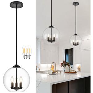 12" Globe Pendant Lights Kitchen Island Glass Globe Pendant Light Fixture Bedroom Mid Century Modern Pendant Lighting Black Pendant Light for Kitchen Island Dinning Room (Bulb Incl.), 1-Pack
