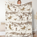 Western Cowboy Throw Blankets, Vintage Wild West Flannel Warm Soft Cozy Fluffy Bed Couch Blanket, Country American Theme White Fleece Throws to Decoration The Room and Bedroom 50 x 60
