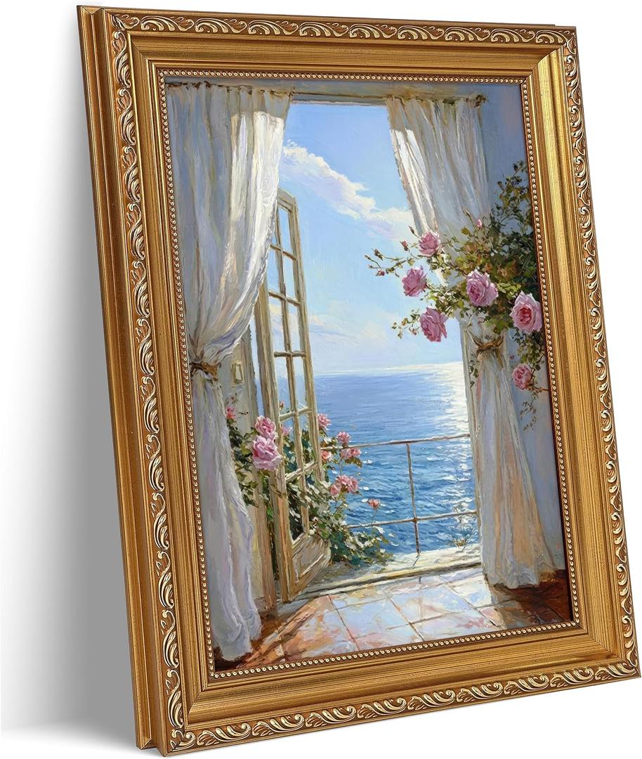 Vintage Glod Framed 3D Texture Coastal Floral Wall Art Mediterranean Beach Painting Picture Wall Decor Open Window Flower Poster Print Artwork for Bedroom Girls' Room Bathroom Home Decoration