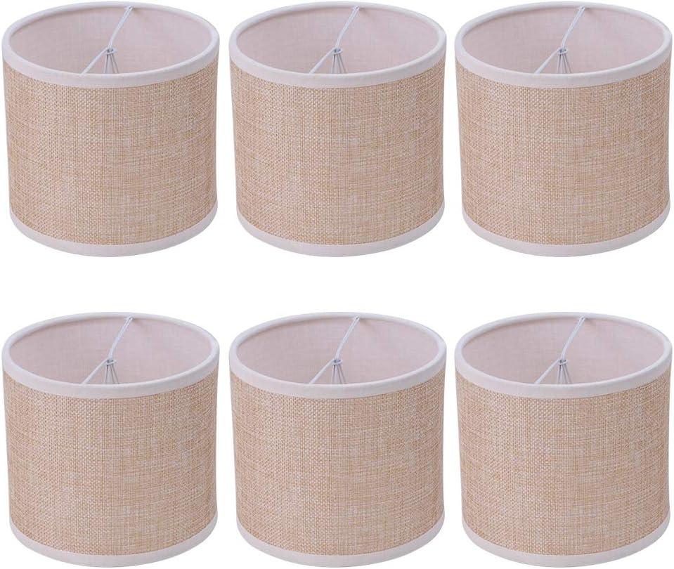 Wellmet Small Chandelier Lamp Shades Brown Set of 6, Rustic Style Linen Drum Shades for Wall Lamp, Hardback Clip on Lamp Shades for E12 Candle Bulbs, 5.5"x 5.5" x 5"
