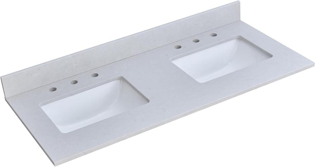 Gray Vanity Sink Top, 48 Inch Engineered Stone Vanity Top with Double Sinks, 8 Inch Widespread Faucet Holes with Center Sink Countertop, Modern Vanity Top with 4 Height Backsplash