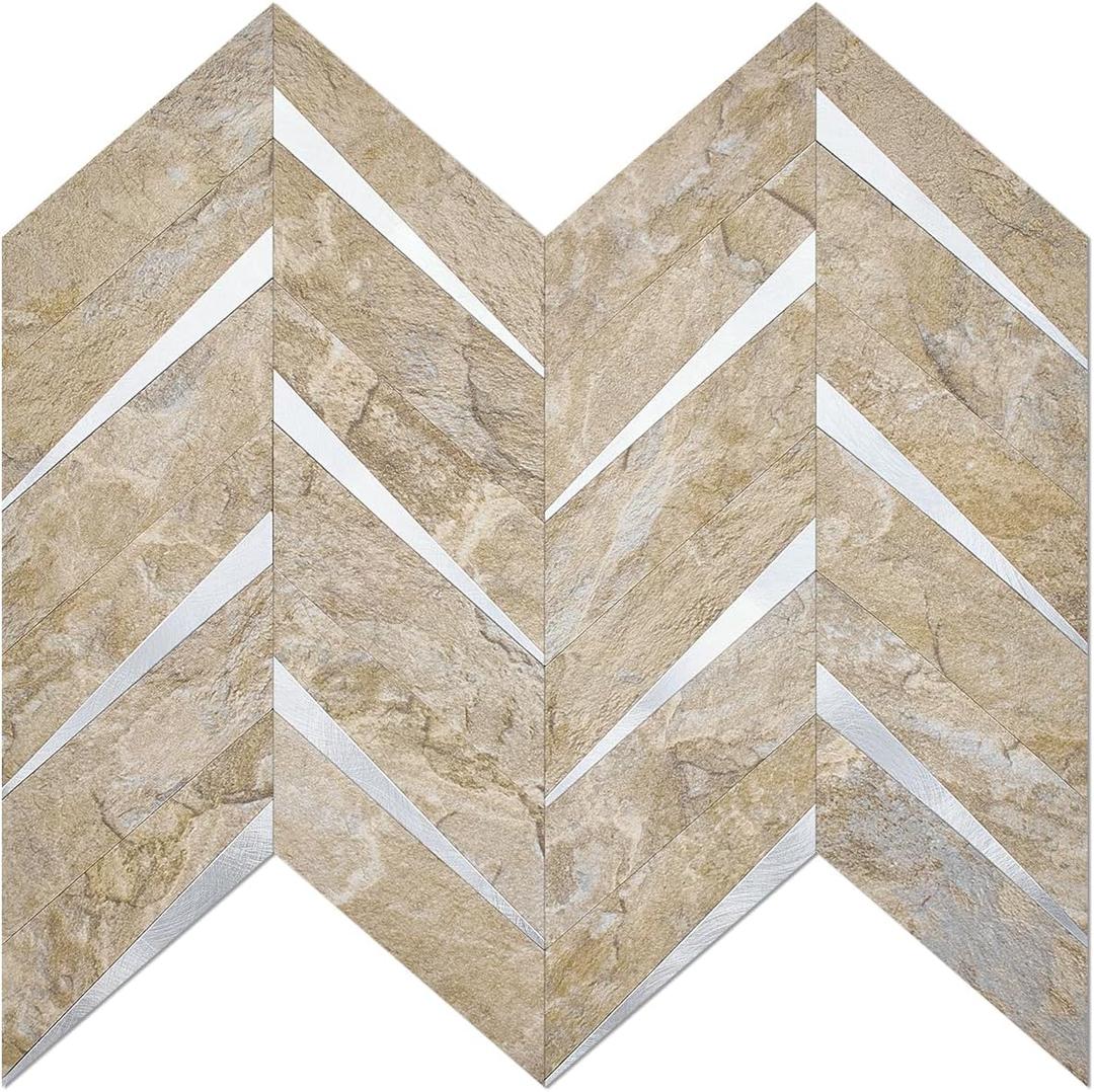 DICOFUN 10-Sheet Sandstone Look Herringbone Peel and Stick Backsplash for Kitchen, PVC Mixed Metal Gold Chevron Stick on Backsplash Wall Tiles
