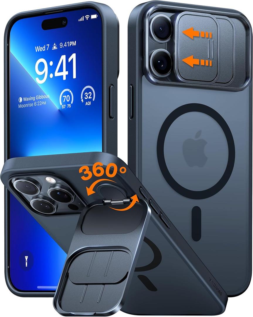 TORRAS Magnetic for iPhone 16 Pro Max Case with Camera Cover, 360 Spin Lens Stand, Fit for MagSafe, 4X Military Grade Shockproof Anti-Scratch Slim Cover Phone Case for iPhone 16 ProMax,Black Titanium