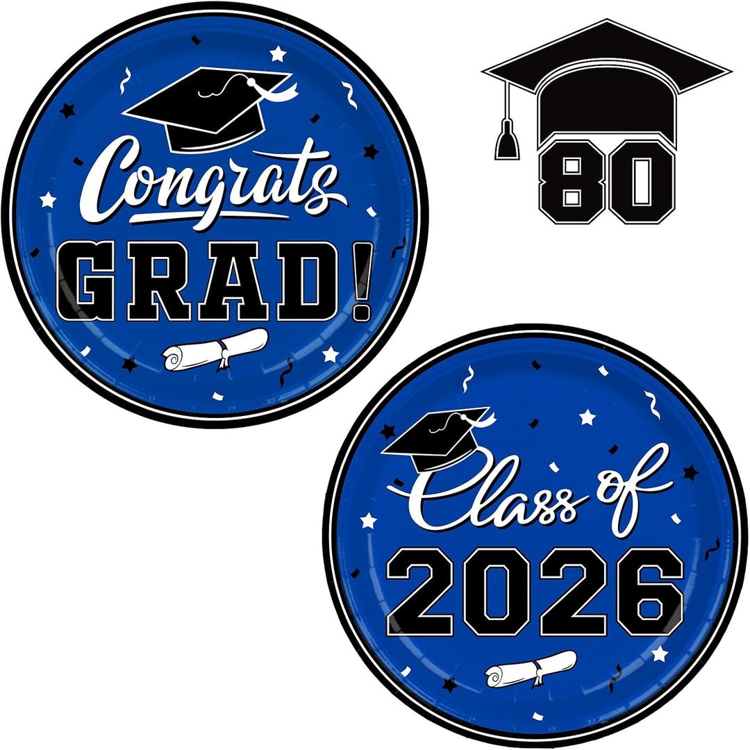 Graduation Party Dinnerware Blue Disposable Paper Plates for Congrats Grad Party Decorations, Serve 80