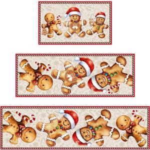 Christmas Kitchen Rugs, Sets of 3 Non-Slip Washable Rug with Rubber Backing Christmas Decoration for Home Comfort Floor Mat for Entryway, Hallway - Gingerbread Man, 17"x30"+17"x47"+17"x59"