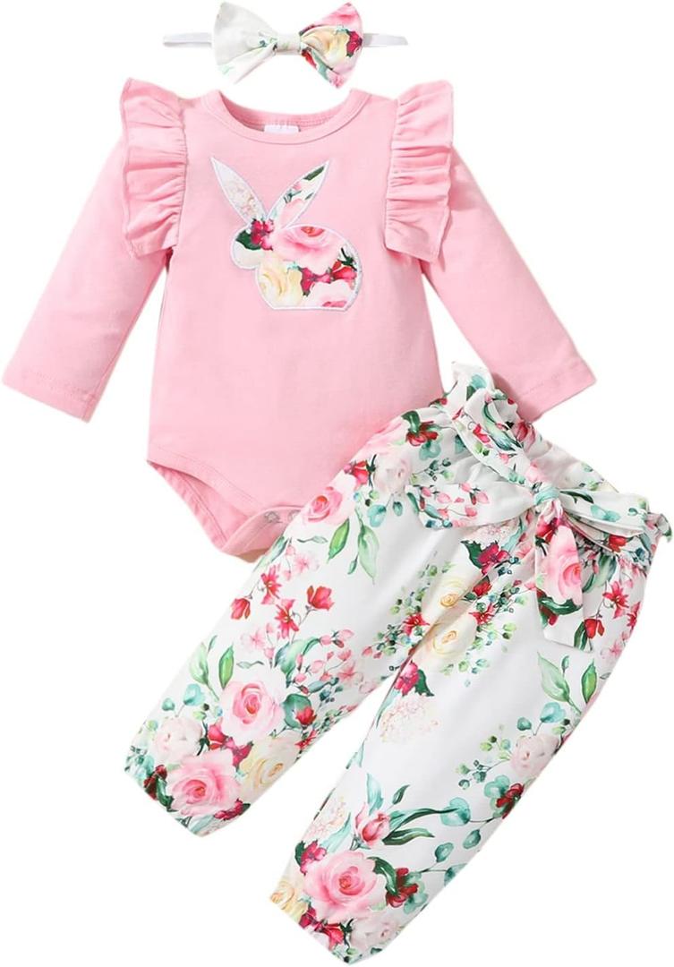 FOCUTEBB My First Easter Outfit Baby Girls Newborn Infant Clothes Easter Bunny Ruffled Romper Pants Clothes Set 0-18 Months
