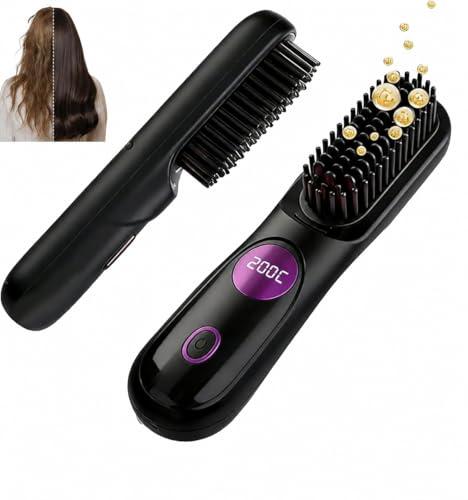 Go Brush Pro for Short Hair, 2026 Upgraded Hair Straightener Brush, Portable Cordless Straightener Brushs for Travel, Fast Heating Hair Straightener with LCD Temperature Display, Travel Gift (Black)