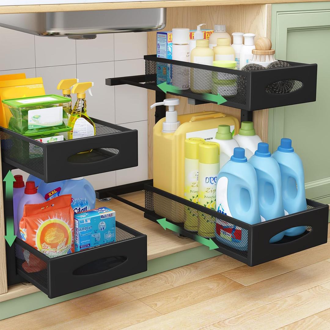 Under Sink Organizer, 2 Pack 2 Tier Pull out Cabinet Organizer Baskets with Mesh Sliding Drawers, Slide out Sink Storage Shelves for Home, Kitchen, Bathroom, Pantry, Office Organizers and Storag, Black