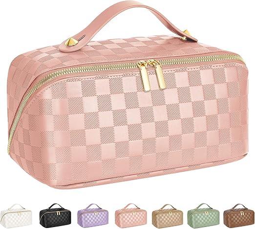 Large Capacity Travel Cosmetic Bag - Portable Makeup Bags for Women Waterproof PU Leather Checkered Makeup Organizer Bag with Dividers and Handle, Toiletry Bag for Cosmetics 