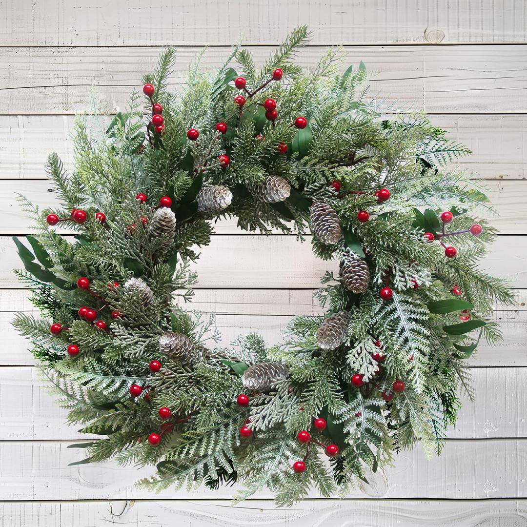 24 Inch Snow Flocked Christmas Wreath with Pine Cones and Red Berries  Artificial Winter Holiday Front Door Wreath for Farmhouse, Xmas, Indoor Outdoor Home Dcor