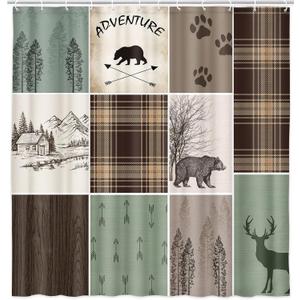 Cabin Retro Rustic Lodge Shower Curtain, Bear Deer Country Hunting Wild Animal Fabric Shower Curtains, Plaid Check Adventure Bathroom Curtain Liner with Hooks (60"W x 70"L (Pack of 1), Green Brown)