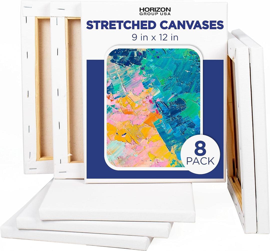 Horizon Group USA Stretched Canvas 9" x 12" 8 PK, 16mm Thick, 100% Cotton, for Painting, Pouring, Oil Paint, Multi-Media Art, 8-Pack (204038)