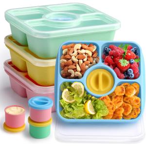 Bento Snack Box Containers for Adults Kids, 4 Pack Lunchable Meal Prep Containers Reusable, Stackable Bento Lunch Box, Food Storage Prep Containers with Lids and 4 Sauce Cups, Pastel Color, Clear Lid