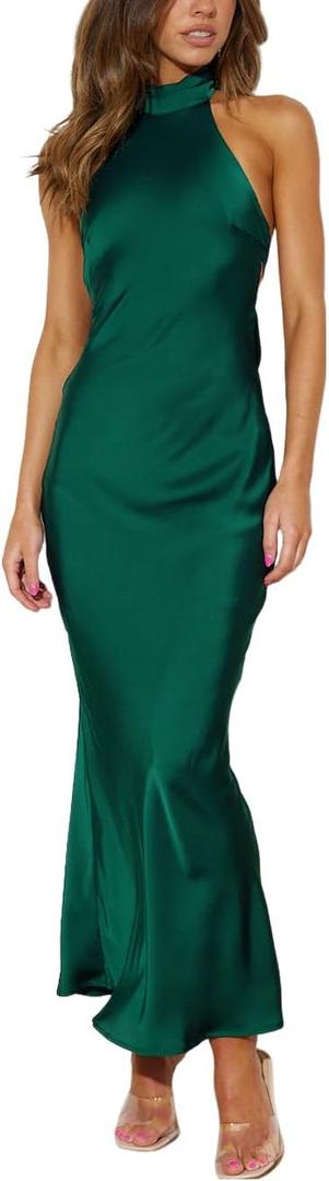 Phicia Sexy Satin Halter Neck Backless Maxi Dress for Women Elegant Tie Cowl Back Formal Wedding Guest Dress for Summer (Small)
