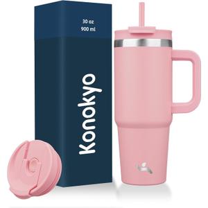 Konokyo 30 oz Tumbler with Handle and 2 Straws,2 in 1 Lid Insulated Water Bottle Stainless Steel Travel Coffee Mug,Pink