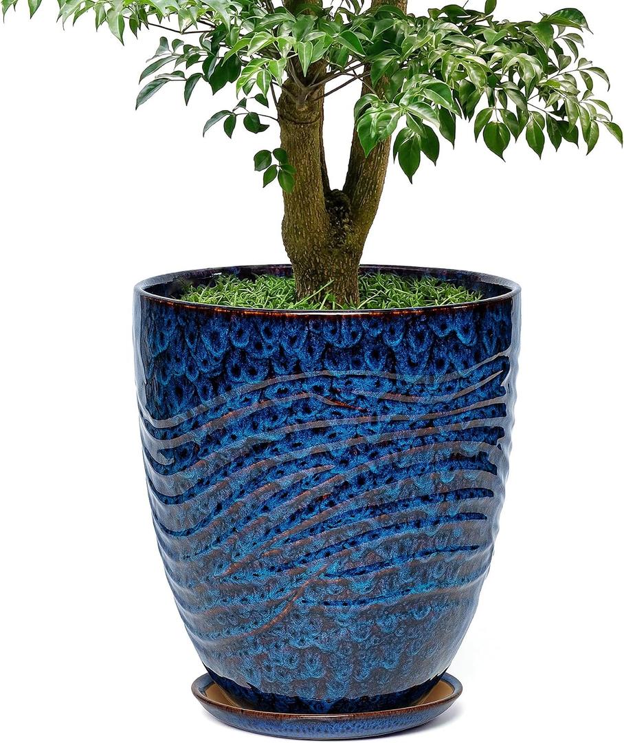 11.8 Inch Modern Ceramic Plant Pot with Saucer, Flower Pot with Drainage Hole Mesh Net,Indoor Outdoor Planter (Speckle Blue)